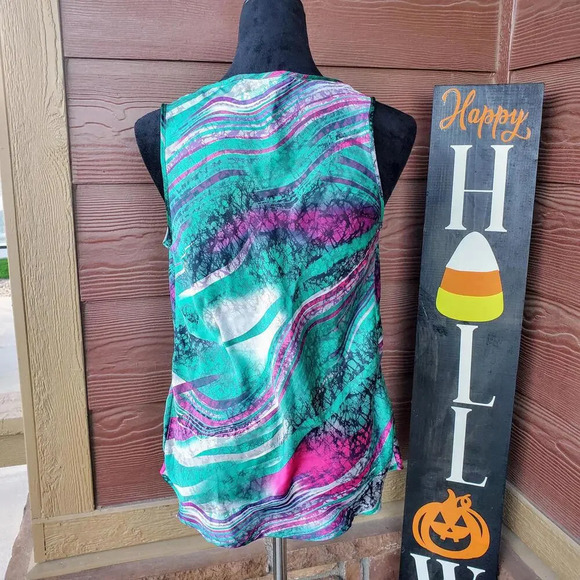 Elementz Abstract Multicolor Sleeveless Silky Draped Collar Blouse Women's Small - Picture 4 of 15